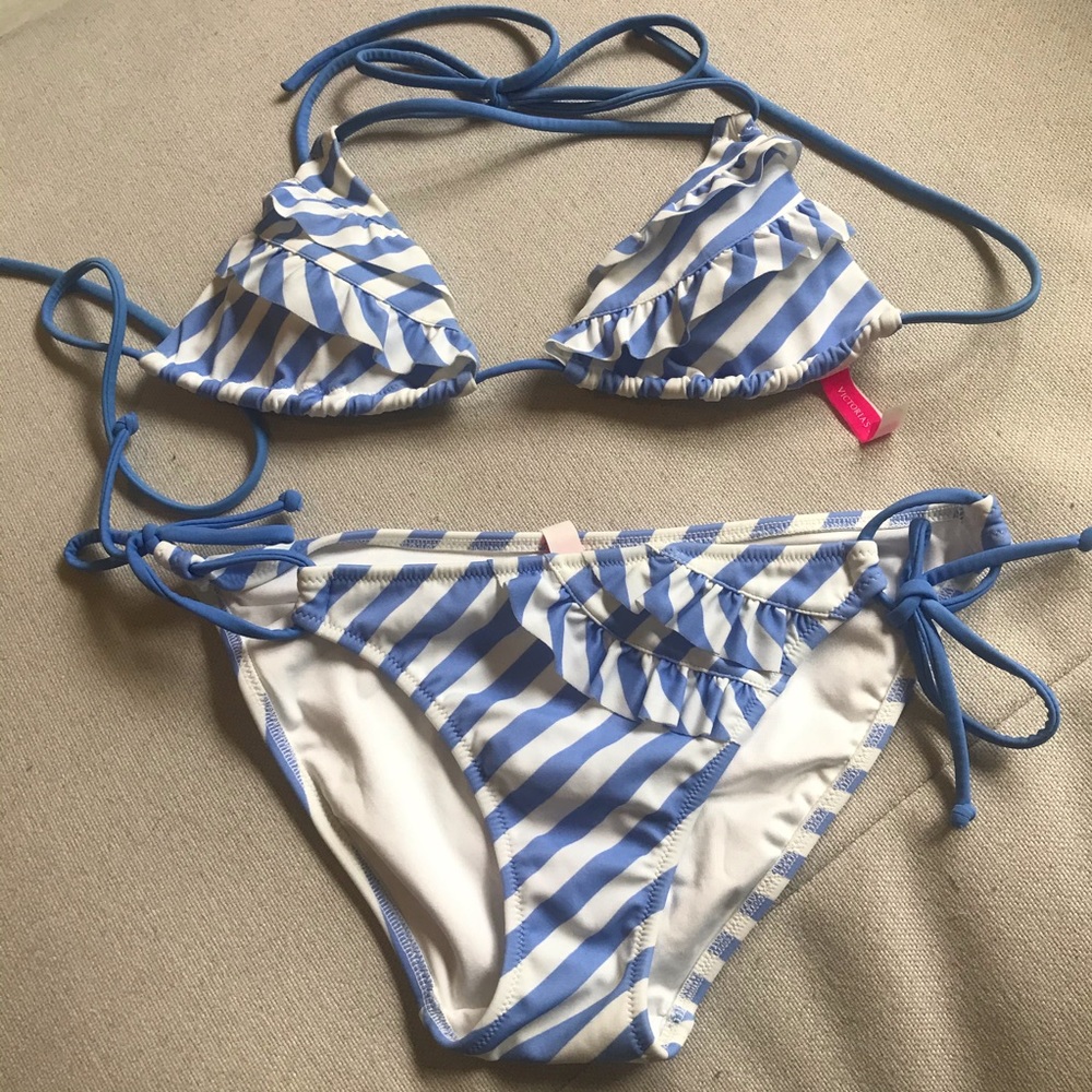 Victoria’s Secret blue white stripe ruffle bikini
